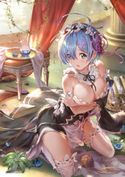 Rule 34 | 1girl, 77gl, alcohol, apron, bare shoulders, basket, black dress, blue eyes, blue flower, blue hair, blush, breast hold, breasts, cleavage, collarbone, cup, curtains, detached collar, detached sleeves, dress, drinking glass, flower, glint, hair between eyes, hair ornament, headdress, kneeling, large breasts, long sleeves, looking at viewer, maid, maid apron, on floor, open mouth, pillar, plant, potted plant, re:zero kara hajimeru isekai seikatsu, rem (re:zero), rose, short hair, sidelocks, solo, table, tearing up, thighhighs, thighs, water, white thighhighs, wide sleeves, wine, wine glass, x hair ornament, yarn, yarn ball