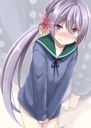 Rule 34 | 10s, 1girl, akane souichi, akebono (kancolle), bad id, bad nicoseiga id, bell, blush, bow, clenched teeth, clothes tug, flower, hair bell, hair between eyes, hair bow, hair flower, hair ornament, jingle bell, kantai collection, long hair, looking at viewer, multiple views, no pants, purple eyes, purple hair, purple sweater, school uniform, serafuku, solo, sweater, sweater tug, teeth, thighs, very long hair, zoom layer