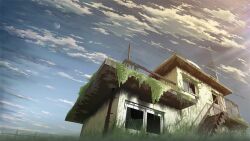 Rule 34 | building, cloud, commentary request, day, fence, lens flare, moon, no humans, original, outdoors, overgrown, ruins, scenery, sky, stairs, tanaka ryosuke