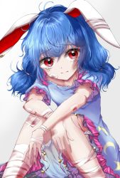 Rule 34 | 1girl, animal ears, bandaid, bandaid on arm, bandaid on cheek, bandaid on face, bandaid on knee, bandaid on leg, blood, blue dress, crescent print, crying, crying with eyes open, dress, hair between eyes, highres, kayon (touzoku), looking at viewer, medium hair, own hands together, ponytail, rabbit ears, red eyes, sad, seiran (touhou), solo, star (symbol), tears, touhou