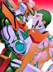 Rule 34 | 2boys, alternate size, ao isami, bara, blush, bravern, collarbone, eye contact, face-to-face, facial hair, gradient background, green eyes, head grab, highres, kuruto., looking at another, male focus, mecha, multiple boys, muscular, muscular male, nude, obliques, robot, sanpaku, short hair, sideburns, sideburns stubble, straddling, stubble, suggestive fluid, super robot, sweat, upright straddle, yaoi, yuuki bakuhatsu bang bravern