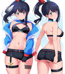 1girl ass bare_arms bare_shoulders black_gloves black_hair black_skirt blue_eyes blue_jacket blush breasts cleavage_cutout closed_mouth clothing_cutout commentary commentary_request cowboy_shot criss-cross_halter crop_top english_commentary floating_hair gloves gluteal_fold gridman_universe hair_ribbon halterneck highres jacket leg_tattoo long_hair long_sleeves looking_at_viewer looking_back median_furrow medium_breasts miniskirt mixed-language_commentary multiple_views nanikairu navel off_shoulder official_alternate_costume open_clothes open_jacket paid_reward_available ponytail ribbon shoulder_blades skindentation skirt skirt_tug smile split_mouth ssss.gridman standing stomach takarada_rikka tattoo thigh_gap thigh_strap underbutt