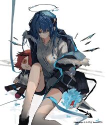 Rule 34 | 1girl, :&gt;, absurdres, arknights, black coat, black jacket, black shorts, blue hair, bouquet, breasts, button eyes, buttons, character doll, character name, coat, commentary, dated, demon horns, demon tail, exusiai (arknights), feet out of frame, flower, frown, fur-trimmed coat, fur trim, hair over one eye, halo, highres, horns, jacket, kuroyamamiyuki, long hair, looking to the side, mechanical wings, medium breasts, mostima (arknights), red hair, ribbon, shirt, shorts, signature, sketch, tail, white jacket, white shirt, wings