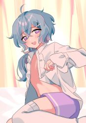 Rule 34 | 1boy, :d, ahoge, androgynous, blue hair, blush, collared shirt, highres, kashii kaoru, long sleeves, looking at viewer, mahjong soul, male focus, multicolored hair, on bed, open clothes, open mouth, open shirt, pastel colors, pink hair, purple shorts, ryan (mahjong soul), shirt, shorts, smile, solo, thighhighs, trap, wavy hair, white shirt, white thighhighs