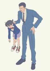 Rule 34 | 2boys, anger vein, blue jacket, blue pants, collared shirt, commentary request, edogawa conan, eigoni, facial hair, formal, full body, glasses, hand on own hip, highres, holding, jacket, looking to the side, male focus, meitantei conan, mouri kogoro, multiple boys, mustache, neck ribbon, necktie, pants, purple shorts, red ribbon, ribbon, shirt, shoes, short hair, shorts, simple background, sneakers, socks, suit, sweatdrop, white shirt, white socks