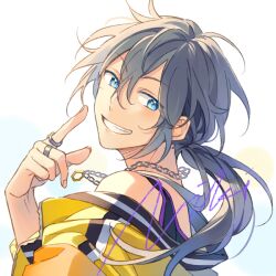 Rule 34 | 1boy, blue eyes, circle, commentary, english text, ensemble stars!, grey hair, hair between eyes, index finger raised, jacket, jacket partially removed, jewelry, long hair, long sleeves, male focus, necklace, open clothes, open jacket, ponytail, ring, seuga, shiina niki, sleeveless, smile, solo, teeth, white background