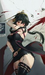 Rule 34 | 1girl, absurdres, arm up, attack, black dress, black gloves, black hair, black thighhighs, blood, blood on arm, blood on breasts, blood on face, blood on leg, blood on wall, blood splatter, bloody weapon, blush, breasts, bullet hole, commentary, cowboy shot, crack, cracked wall, dagger, dress, dual wielding, earrings, floating hair, floral print, furrowed brow, gloves, gold earrings, gold hairband, hairband, highres, holding, holding dagger, holding knife, holding weapon, jewelry, knife, long hair, looking at viewer, medium breasts, mhk (mechamania), mole, mole on breast, red eyes, reverse grip, rose print, short hair with long locks, sidelocks, solo, spy x family, stiletto (weapon), thighhighs, thighs, torn clothes, torn dress, two-sided dress, two-sided fabric, weapon, yor briar