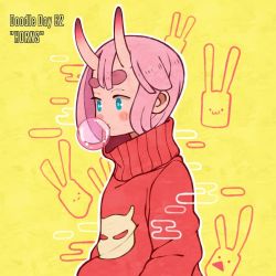Rule 34 | 1girl, aqua eyes, blush, blowing bubbles, english text, hanaan, horns, medium hair, oni horns, original, outline, pink hair, print sweater, red sweater, solo, sweater, transparent, turtleneck, turtleneck sweater, white outline, yellow background