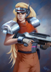Rule 34 | 1girl, absurdres, armor, assault rifle, blazing chrome, blonde hair, blue eyes, body armor, commentary, damaged, dirty, english commentary, fingerless gloves, gloves, gun, headgear, highres, husangvic, lips, long hair, looking to the side, mavra, portrait, radio antenna, realistic, rifle, science fiction, shoulder armor, signature, sketch, trigger discipline, uniform, very long hair, video game, visor, weapon