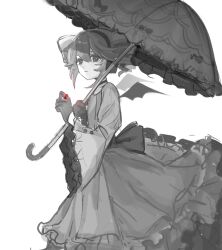 Rule 34 | 1girl, closed mouth, dress, drill hair, expressionless, frilled dress, frilled sleeves, frills, gloves, greyscale, hair between eyes, hashtag-only commentary, headphones, highres, holding, holding umbrella, jewelry, kano (salt09336), kasane teto, long sleeves, looking at viewer, monochrome, parasol, ring, short hair, simple background, sketch, solo, spot color, standing, twin drills, umbrella, utau, white background, wide sleeves