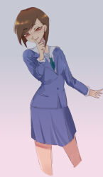 Rule 34 | 1girl, absurdres, aqua necktie, blazer, blue jacket, blue skirt, bob cut, breasts, brown eyes, brown hair, closed mouth, commentary, cropped legs, eizouken ni wa te wo dasu na!, eyeshadow, finger to mouth, gradient background, grey background, hand to own mouth, hands up, highres, index finger raised, jacket, long sleeves, looking at viewer, makeup, mizusaki tsubame, narrowed eyes, naughty face, necktie, outstretched arm, pink background, pleated skirt, raku (874402932), red eyeshadow, sailor collar, school uniform, shirt, short hair, shushing, sketch, skirt, small breasts, smile, solo, swept bangs, thick eyebrows, white sailor collar, white shirt