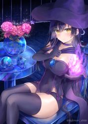 Rule 34 | 1girl, blush, breasts, chair, crystal ball, elbow gloves, flower, fujimori shiki, gloves, hat, highres, large breasts, light smile, long hair, original, purple hat, solo, table, thighs, twitter username, witch, witch hat