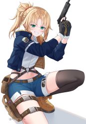 Rule 34 | 1girl, absurdres, alternate costume, black gloves, black thighhighs, blonde hair, blue jacket, boots, brown footwear, commentary, commission, cosplay, denim, denim shorts, fate/apocrypha, fate (series), fur-trimmed jacket, fur trim, girls&#039; frontline, gloves, green eyes, grin, grizzly mkv (girls&#039; frontline), grizzly mkv (girls&#039; frontline) (cosplay), gun, handgun, highres, holding, holding gun, holding weapon, jacket, long hair, looking at viewer, mordred (fate), mordred (fate/apocrypha), navel, open clothes, open jacket, ponytail, rynzfrancis, shirt, short shorts, shorts, simple background, smile, solo, thighhighs, thighs, weapon, white background, white shirt