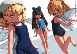 Rule 34 | 3d, 3girls, ass, barefoot, black hair, blonde hair, blue eyes, blue one-piece swimsuit, blue shorts, blunt bangs, bow, breasts, brown eyes, brown hair, competition swimsuit, covered navel, curly hair, fairy, fairy wings, fang, feet, groin, hair bow, hat, highleg, highleg swimsuit, huxiao (mistlakefront), leg up, legs, long hair, luna child, multiple girls, one-piece swimsuit, open mouth, ribbon, school swimsuit, short hair, shorts, small breasts, smile, soles, standing, standing on one leg, star sapphire, sunny milk, swimsuit, thighs, toes, touhou, two side up, white headwear, wings