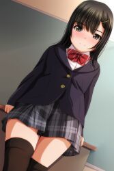 Rule 34 | 1girl, absurdres, arm support, black hair, black jacket, black skirt, black thighhighs, blush, bow, bowtie, brown eyes, chalkboard, closed mouth, collared shirt, dated commentary, hair ornament, hairclip, highres, indoors, jacket, long hair, long sleeves, looking at viewer, matsunaga kouyou, original, plaid, plaid skirt, pleated skirt, red bow, red bowtie, school uniform, shirt, skirt, smile, solo, thighhighs, white shirt