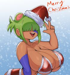 Rule 34 | 1girl, bikini, blunt bangs, breasts, english text, facing viewer, green hair, hair over eyes, hat, highres, huge breasts, merry christmas, neo hajime, open mouth, santa bikini, santa hat, solo, stitches, swimsuit, w