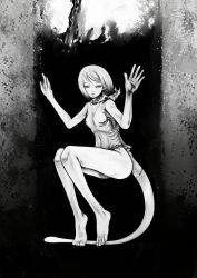 Rule 34 | 1girl, barefoot, feet, greyscale, looking at viewer, monochrome, monster girl, nude, original, shirakaba, short hair, solo, tail