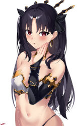 Rule 34 | 1girl, absurdres, armlet, bikini, black hair, blush, bracelet, breasts, detached sleeves, earrings, fate/grand order, fate (series), gold trim, hair ribbon, highres, hoop earrings, ishtar (fate), jewelry, kurozawa yui, long hair, looking at viewer, medium breasts, mismatched bikini, neck ring, open mouth, parted bangs, red eyes, ribbon, single detached sleeve, solo, swimsuit, tiara, two side up