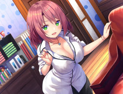 Rule 34 | 1girl, artist request, blue gemstone, blush, book, breasts, brown hair, chair, cleavage, collared shirt, door, dutch angle, eyebrows hidden by hair, fingernails, gem, green eyes, hair between eyes, hand up, highres, indoors, jewelry, large breasts, leaning forward, long fingernails, looking at viewer, necklace, open mouth, parted bangs, shelf, shirt, short hair, sleeves rolled up, smile, solo, standing, sweatdrop, wide hips, wooden floor, wristband