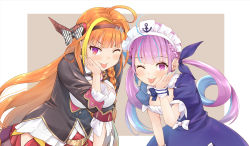 Rule 34 | 2girls, ahoge, anchor symbol, blonde hair, blue hair, blue nails, blunt bangs, bow, breasts, cleavage cutout, clothing cutout, commentary request, dragon tail, dress, hair bow, hairband, hand on own cheek, hand on own face, haniwa (leaf garden), highres, hololive, horn bow, horn ornament, horns, kiryu coco, kiryu coco (1st costume), large breasts, long hair, long sleeves, maid, maid headdress, medium breasts, minato aqua, minato aqua (1st costume), multicolored hair, multiple girls, nail polish, one eye closed, orange eyes, orange hair, purple eyes, purple hair, short sleeves, skirt, smile, streaked hair, tail, tongue, tongue out, twintails, virtual youtuber, wrist cuffs
