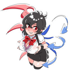 Rule 34 | 1girl, alternate breast size, asymmetrical wings, black hair, black thighhighs, breast lift, breasts, cleavage, dress, female focus, houjuu nue, large breasts, microdress, mitsumoto jouji, red eyes, short hair, simple background, sketch, smile, solo, thighhighs, touhou, underbust, white background, wings, zettai ryouiki