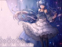 Rule 34 | 1girl, bare shoulders, blue hair, blue theme, boots, floating hair, frills, hatsune miku, long hair, looking at viewer, mebaru, skirt, smile, solo, striped, striped background, twintails, upskirt, very long hair, vocaloid