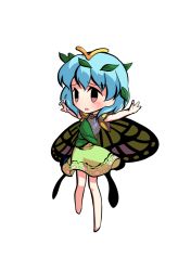Rule 34 | 1girl, antennae, aqua hair, barefoot, blush, brown eyes, butterfly wings, chibi, dairi, dress, eternity larva, fairy, flying sweatdrops, full body, green dress, hair between eyes, insect wings, leaf, leaf on head, multicolored clothes, multicolored dress, open mouth, short hair, short sleeves, single strap, solo, spread legs, standing, tachi-e, touhou, transparent background, wings
