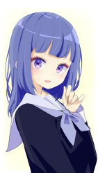 Rule 34 | 1girl, :d, absurdres, black shirt, blue hair, blue neckerchief, blunt bangs, border, commentary request, from side, hand up, highres, jyoji00, light blush, long hair, long sleeves, looking at viewer, neckerchief, open mouth, original, outside border, purple eyes, sailor collar, school uniform, serafuku, shirt, simple background, smile, solo, upper body, white border, white sailor collar, white wrist cuffs, wrist cuffs, yellow background