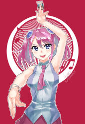 Rule 34 | 1girl, :d, armpits, beamed quavers, blue eyes, blue hair, bracelet, card, highres, hiiragi yuzu, honest (yu-gi-oh!), jewelry, matching hair/eyes, musical note, necktie, open mouth, pink hair, quaver, red background, short twintails, smile, solo, twintails, waste-man, yu-gi-oh!, yu-gi-oh! arc-v
