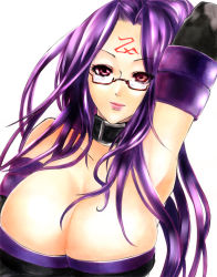 Rule 34 | 1girl, arm up, armpits, bad id, bad pixiv id, bare shoulders, beniyaorin, breasts, cleavage, collar, detached sleeves, dress, facial mark, fate/stay night, fate (series), forehead mark, glasses, huge breasts, lips, long hair, medusa (fate), medusa (rider) (fate), purple hair, red-framed eyewear, red eyes, simple background, sleeveless, sleeveless dress, solo, square pupils, strapless, strapless dress