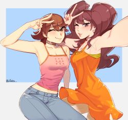 Rule 34 | 2girls, armpits, bare shoulders, blush, brown eyes, brown hair, camisole, choker, closed mouth, collarbone, commission, cowboy shot, denim, dress, earrings, hair between eyes, hand up, heart, heart necklace, highres, in-franchise crossover, jeans, jewelry, kujikawa rise, l4wless, lips, long hair, looking at viewer, midriff peek, multiple girls, necklace, official alternate costume, one eye closed, orange dress, pants, parted lips, persona, persona 3, persona 4, pink camisole, pink nails, selfie, short hair, sleeveless, sleeveless dress, smile, takeba yukari, twintails, twitter username, v