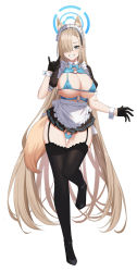 Rule 34 | 1girl, animal ears, asuna (blue archive), bikini, black footwear, black gloves, black thighhighs, blue archive, blue bow, blue bowtie, blue eyes, blush, bow, bowtie, breasts, detached collar, fox ears, fox shadow puppet, fox tail, full body, gaitoou, garter straps, gloves, grin, hair over one eye, halo, hand up, highres, large breasts, long hair, looking at viewer, maid headdress, one eye covered, parted lips, sideboob, simple background, smile, solo, standing, swimsuit, tail, teeth, thighhighs, thighs, underboob, very long hair, white background, white headwear, wrist cuffs