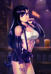 Rule 34 | 1girl, artist name, bar (place), bare shoulders, black hair, blurry, blurry background, breasts, commentary, cowboy shot, crop top, cup, detached sleeves, drinking glass, english commentary, final fantasy, final fantasy vii, final fantasy vii remake, indoors, large breasts, long hair, looking at viewer, low-tied long hair, midriff, optionaltypo, smile, solo, square enix, suspenders, tank top, tifa lockhart, very long hair, white tank top
