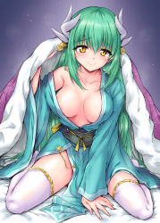 Rule 34 | 1girl, aqua kimono, areola slip, bed sheet, between legs, blanket, blush, breasts, breasts apart, closed mouth, collarbone, fate/grand order, fate (series), full body, gradient background, green hair, hand between legs, hand up, head tilt, highres, horns, japanese clothes, kimono, kiyohime (fate), long hair, long sleeves, marugoshi (54burger), medium breasts, off shoulder, open clothes, open kimono, purple background, sash, single bare shoulder, sitting, smile, solo, thighhighs, under covers, very long hair, wariza, white thighhighs, wide sleeves, yellow eyes, zettai ryouiki