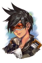 Rule 34 | 1girl, blizzard (company), bomber jacket, brown hair, brown jacket, chest harness, closed mouth, ear piercing, goggles, green eyes, harness, hungry clicker, jacket, leather, overwatch, overwatch 1, piercing, pink lips, portrait, short hair, simple background, smile, solo, spiked hair, tracer (overwatch), upper body