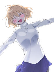 Rule 34 | 1girl, ahoge, arcueid brunestud, artist name, blonde hair, blue skirt, breasts, citron80citron, closed eyes, highres, jewelry, large breasts, messy hair, necklace, outstretched arms, pantyhose, signature, skirt, smile, solo, spread arms, sweater, tsukihime, tsukihime (remake), turtleneck, white sweater