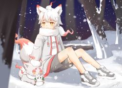 Rule 34 | 1boy, animal ears, brown eyes, creatures (company), game freak, grey footwear, hisuian zorua, jacket, nintendo, outdoors, personification, pokemon, scarf, shoes, shorts, siho chi0307, sitting, sneakers, snow, snowflakes, snowing, tree, white hair, white scarf