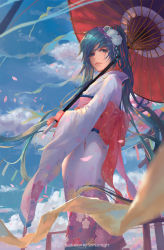 Rule 34 | 1girl, artist name, blue eyes, blue hair, blue sky, carrying over shoulder, closed mouth, cloud, cloudy sky, colored eyelashes, day, english text, flag, floral print, flower, from side, frown, hair flower, hair ornament, happy new year, hatsune miku, highres, holding, holding umbrella, japanese clothes, long hair, looking at viewer, matching hair/eyes, motion blur, new year, obi, oil-paper umbrella, outdoors, petals, sash, sky, solo, sombernight, standing, swept bangs, torii, twintails, umbrella, very long hair, vocaloid, white flower, wide sleeves, wind
