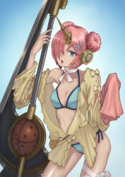 Rule 34 | 1girl, absurdres, bikini, bikini under clothes, blue eyes, breasts, cleavage, contrapposto, double bun, fate/grand order, fate (series), frankenstein&#039;s monster (fate), frankenstein&#039;s monster (swimsuit saber) (fate), frankenstein&#039;s monster (swimsuit saber) (first ascension) (fate), gluteal fold, hair bun, hair over one eye, highres, horns, medium breasts, navel, neck ribbon, pink hair, ribbon, side-tie bikini bottom, single horn, sleeves past wrists, solo, standing, swimsuit, swimsuit under clothes, thighs, yasu (segawahiroyasu)