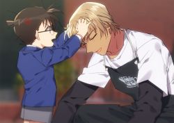 Rule 34 | 2boys, :d, amuro tooru, anger vein, apron, arms up, black-framed eyewear, black apron, black shirt, blazer, blonde hair, blue eyes, blue jacket, blurry, blurry background, blush, brown hair, child, closed eyes, clothes writing, collarbone, commentary request, depth of field, edogawa conan, employee uniform, fingernails, from side, glasses, grey shorts, hair between eyes, hand in another&#039;s hair, hands on another&#039;s head, height difference, jacket, k (gear labo), layered sleeves, long sleeves, male focus, meitantei conan, messy hair, multiple boys, open mouth, shirt, short hair, short over long sleeves, short sleeves, shorts, smile, squatting, standing, uniform, white shirt