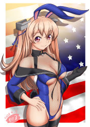 Rule 34 | 1girl, adapted costume, american flag, animal ears, artist logo, black gloves, black thighhighs, blue leotard, breasts, brown eyes, cleavage, dated, fake animal ears, flag background, gloves, johnston (kancolle), kantai collection, leotard, light brown hair, long hair, medium breasts, moke ro, playboy bunny, rabbit ears, rabbit girl, single glove, solo, thighhighs, two side up
