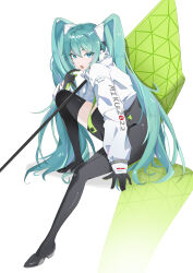 Rule 34 | 1girl, absurdres, aqua eyes, aqua hair, asymmetrical bodysuit, black bodysuit, black gloves, bodysuit, boots, commentary, cropped jacket, english commentary, flagpole, full body, gloves, goodsmile racing, green flag, green gloves, hatsune miku, highres, index finger raised, jacket, knee up, long hair, long sleeves, looking at viewer, open mouth, race queen, racing miku, racing miku (2022), simple background, single leg bodysuit, single thigh boot, single thighhigh, sitting, solo, text print, thigh boots, thighhighs, twintails, two-tone gloves, very long hair, vocaloid, white background, white jacket, xuese kkk