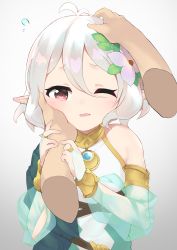 Rule 34 | 1girl, ahoge, antenna hair, child, detached sleeves, dress, elf, flower, fuyubone, gradient background, green dress, green sleeves, hair between eyes, hair flower, hair ornament, headpat, highres, kokkoro (princess connect!), long sleeves, one eye closed, open mouth, pink eyes, pointy ears, princess connect!, puffy long sleeves, puffy sleeves, see-through, see-through sleeves, silver hair, simple background, sleeveless, sleeveless dress, white background, white flower
