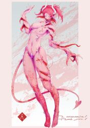 Rule 34 | 1girl, blood, breasts, claws, commission, demon horns, demon tail, extra eyes, extra mouth, horns, large breasts, mabo9317, mandibles, medium hair, monster girl, navel, original, pink hair, skeb commission, solo, tail, thank you, twintails