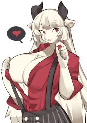 Rule 34 | absurdres, animal ears, asipilin da baitu, baphomet (grizz), breasts, cleavage, dress shirt, furry, furry female, goat ears, goat girl, heart, helltaker, highres, horns, huge breasts, large breasts, red eyes, shirt, suspenders, unbuttoned, unbuttoned shirt, white hair