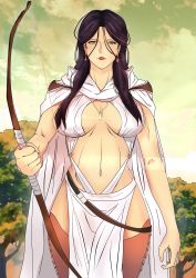 Rule 34 | 1girl, arslan senki, black hair, bow (weapon), breasts, breasts apart, cape, curvy, earrings, falangies, female focus, green eyes, highres, jewelry, large breasts, long hair, looking at viewer, navel, necklace, parted lips, solo, standing, weapon, wide hips