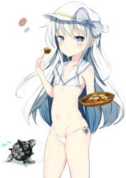 Rule 34 | 1girl, adapted costume, anchor, bikini, blue eyes, blush, bow, breasts, collarbone, cosplay, enemy naval mine (kancolle), flat cap, flying sweatdrops, food, groin, hat, hibiki (kancolle), kantai collection, kiomota, long hair, looking at viewer, lowleg, lowleg bikini, navel, o3o, ribbon, sailor bikini, sailor collar, side-tie bikini bottom, silver hair, simple background, small breasts, standing, striped bow, striped ribbon, swimsuit, takoyaki, tentacles, white background, white bikini, white hat, z3 max schultz (kancolle), z3 max schultz (kancolle) (cosplay)