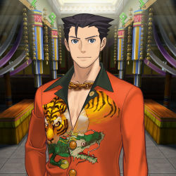 Rule 34 | 1boy, ace attorney, aceattorneygame, bara, black hair, closed mouth, commentary, grey eyes, jewelry, male focus, mature male, muscular, muscular male, necklace, orange shirt, phoenix wright, shirt, short hair, smile, solo, spiked hair