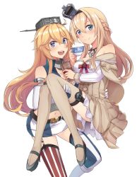 Rule 34 | 10s, 2girls, ahoge, asymmetrical legwear, bare shoulders, blonde hair, blue eyes, blush, braid, breasts, brown dress, brown legwear, carrying, cleavage, closed mouth, crown, cup, dress, drinking straw, elbow gloves, french braid, garter straps, gloves, hair between eyes, hair ornament, headband, ido (teketeke), iowa (kancolle), jewelry, kantai collection, large breasts, long hair, long sleeves, looking at viewer, medium breasts, midriff, mismatched legwear, multiple girls, navel, necklace, open mouth, princess carry, skirt, smile, striped clothes, striped legwear, striped thighhighs, teacup, thighhighs, vertical-striped clothes, vertical-striped thighhighs, warspite (kancolle), white gloves