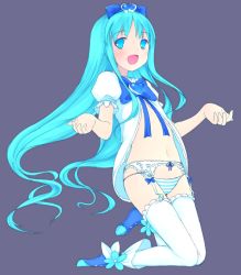Rule 34 | 10s, 1girl, bad id, bad pixiv id, blue eyes, blue hair, blue theme, brooch, cure marine, garter belt, heart, heart brooch, heartcatch precure!, jewelry, kneeling, kurumi erika, lingerie, magical girl, matching hair/eyes, open mouth, panties, precure, smile, solo, striped clothes, striped panties, thighhighs, underwear, underwear only, yako